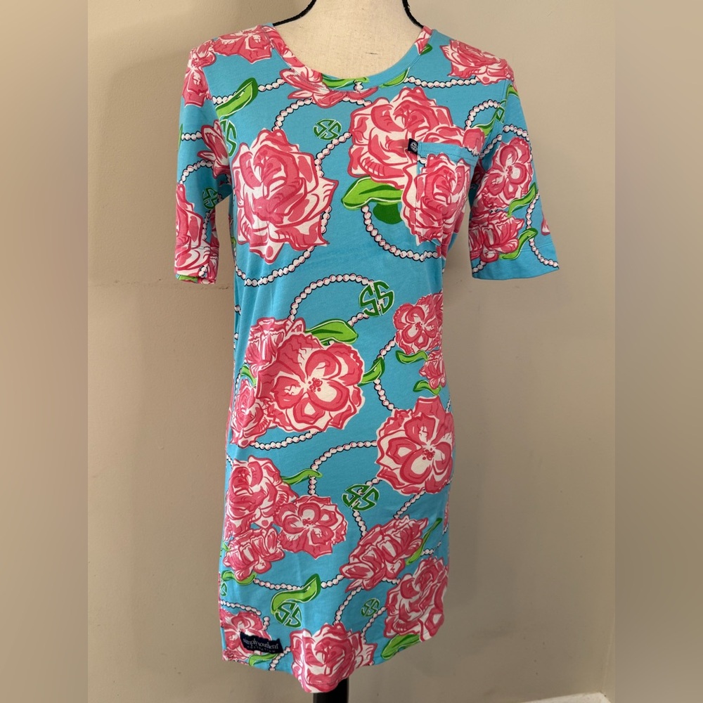 Simply Southern preppy floral tee shirt dress teal base pink white flowers SZ XS